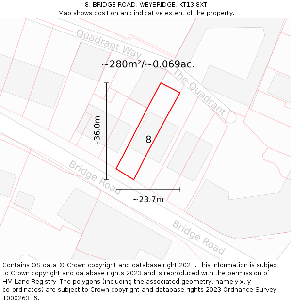8, BRIDGE ROAD, WEYBRIDGE, KT13 8XT: Plot and title map