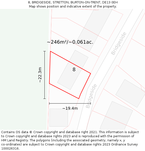8, BRIDGESIDE, STRETTON, BURTON-ON-TRENT, DE13 0EH: Plot and title map