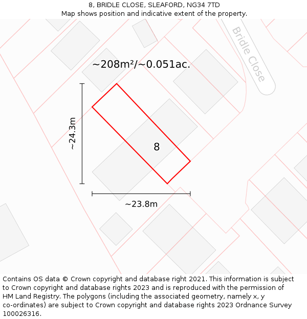 8, BRIDLE CLOSE, SLEAFORD, NG34 7TD: Plot and title map