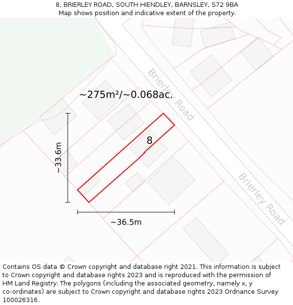 8, BRIERLEY ROAD, SOUTH HIENDLEY, BARNSLEY, S72 9BA: Plot and title map