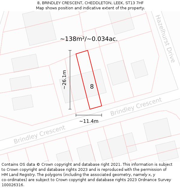 8, BRINDLEY CRESCENT, CHEDDLETON, LEEK, ST13 7HF: Plot and title map