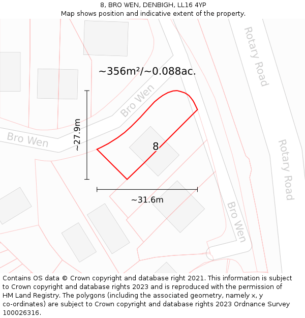 8, BRO WEN, DENBIGH, LL16 4YP: Plot and title map