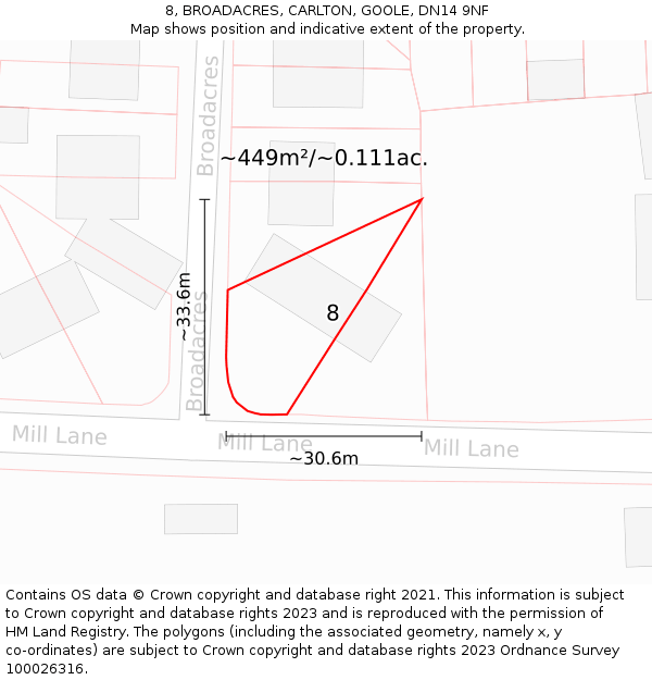 8, BROADACRES, CARLTON, GOOLE, DN14 9NF: Plot and title map