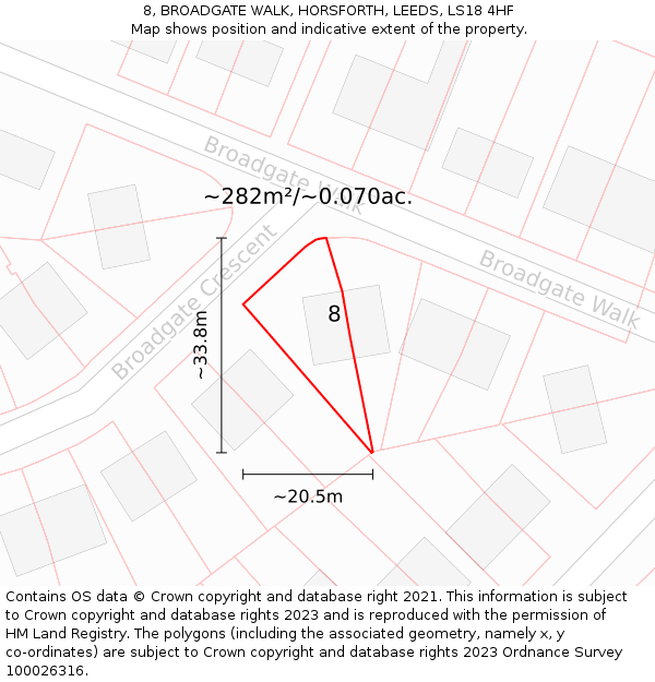 8, BROADGATE WALK, HORSFORTH, LEEDS, LS18 4HF: Plot and title map