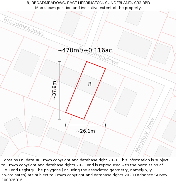 8, BROADMEADOWS, EAST HERRINGTON, SUNDERLAND, SR3 3RB: Plot and title map
