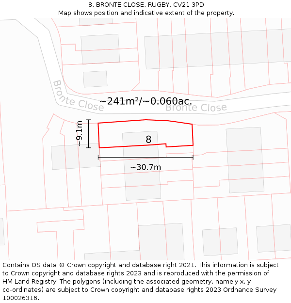 8, BRONTE CLOSE, RUGBY, CV21 3PD: Plot and title map