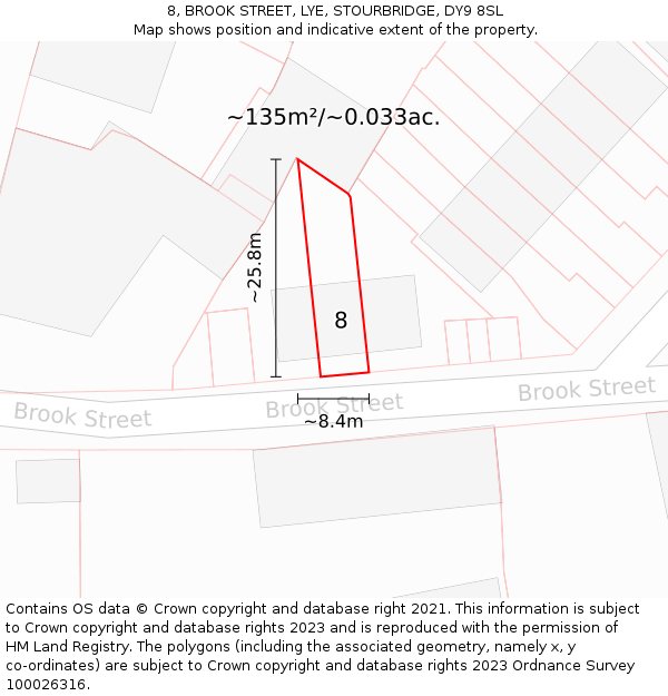 8, BROOK STREET, LYE, STOURBRIDGE, DY9 8SL: Plot and title map