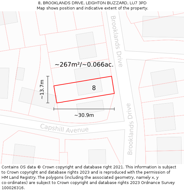 8, BROOKLANDS DRIVE, LEIGHTON BUZZARD, LU7 3PD: Plot and title map