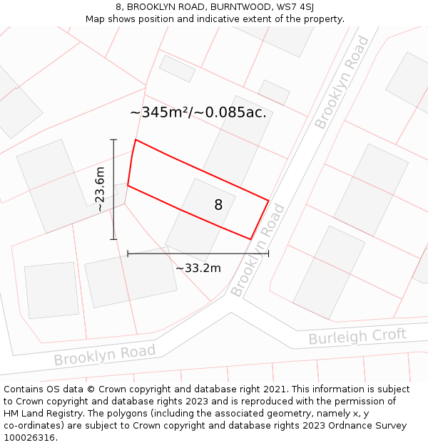 8, BROOKLYN ROAD, BURNTWOOD, WS7 4SJ: Plot and title map