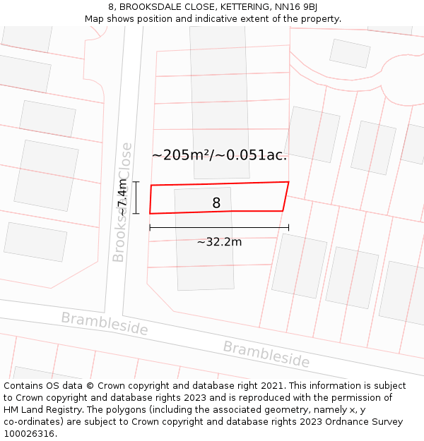 8, BROOKSDALE CLOSE, KETTERING, NN16 9BJ: Plot and title map
