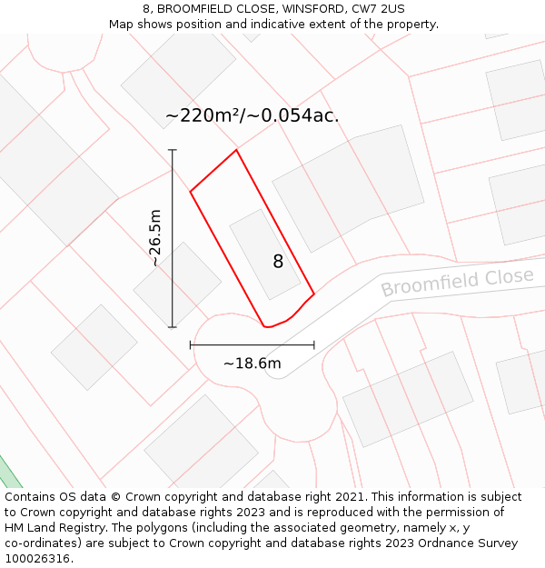 8, BROOMFIELD CLOSE, WINSFORD, CW7 2US: Plot and title map