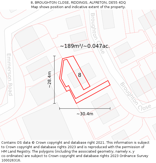 8, BROUGHTON CLOSE, RIDDINGS, ALFRETON, DE55 4DQ: Plot and title map