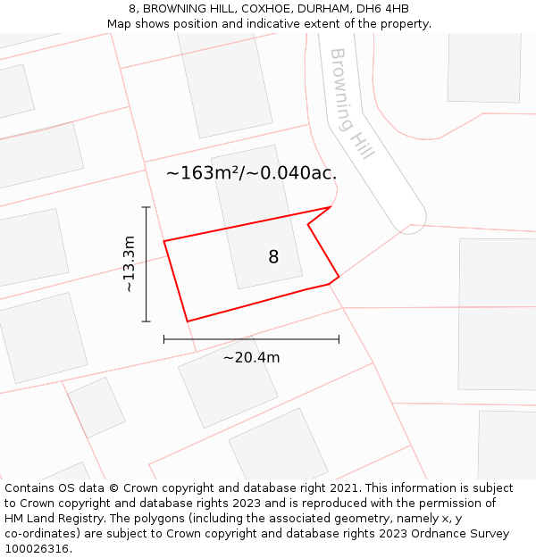 8, BROWNING HILL, COXHOE, DURHAM, DH6 4HB: Plot and title map