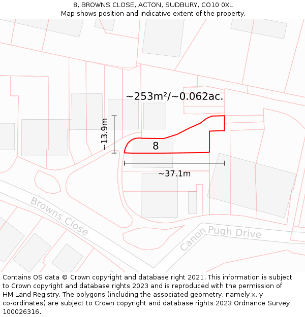8, BROWNS CLOSE, ACTON, SUDBURY, CO10 0XL: Plot and title map