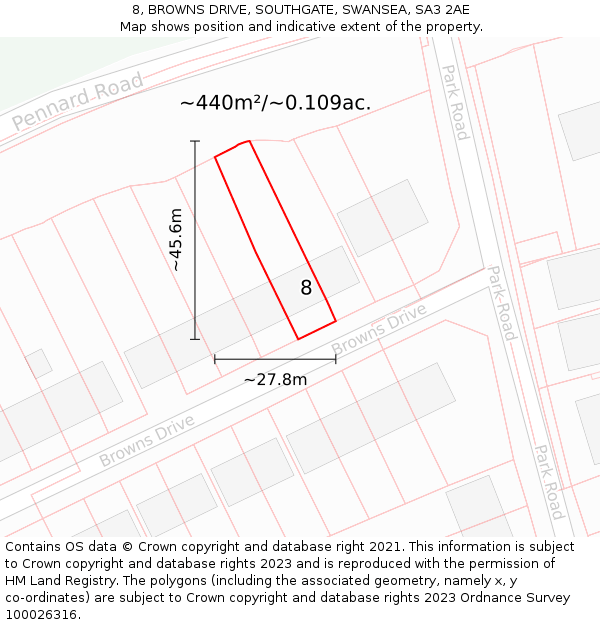 8, BROWNS DRIVE, SOUTHGATE, SWANSEA, SA3 2AE: Plot and title map