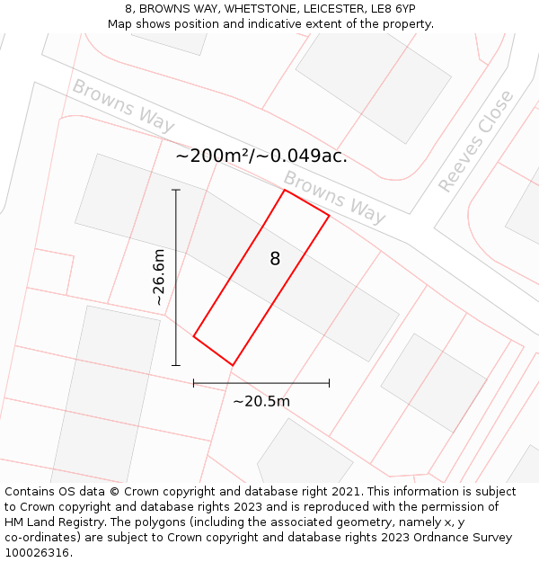 8, BROWNS WAY, WHETSTONE, LEICESTER, LE8 6YP: Plot and title map