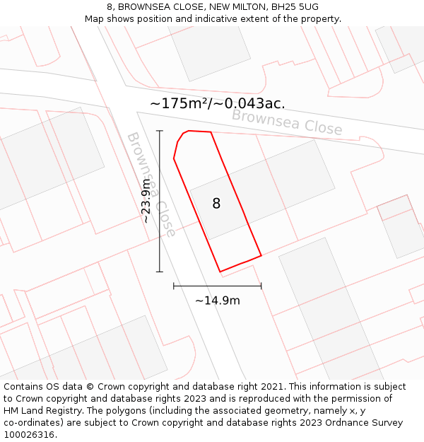 8, BROWNSEA CLOSE, NEW MILTON, BH25 5UG: Plot and title map