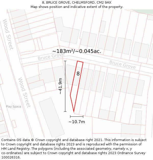 8, BRUCE GROVE, CHELMSFORD, CM2 9AX: Plot and title map