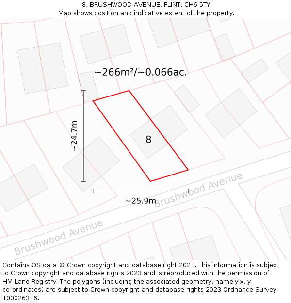 8, BRUSHWOOD AVENUE, FLINT, CH6 5TY: Plot and title map