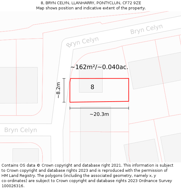 8, BRYN CELYN, LLANHARRY, PONTYCLUN, CF72 9ZE: Plot and title map