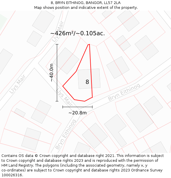 8, BRYN EITHINOG, BANGOR, LL57 2LA: Plot and title map