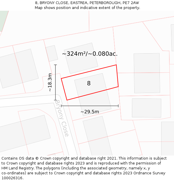 8, BRYONY CLOSE, EASTREA, PETERBOROUGH, PE7 2AW: Plot and title map