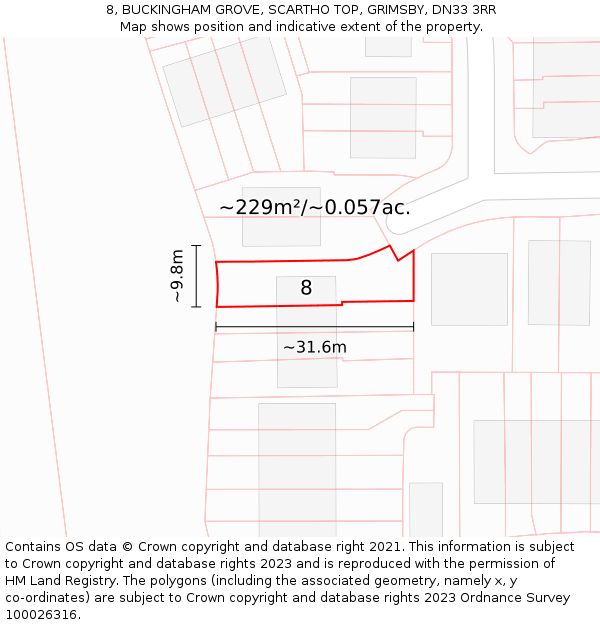 8, BUCKINGHAM GROVE, SCARTHO TOP, GRIMSBY, DN33 3RR: Plot and title map
