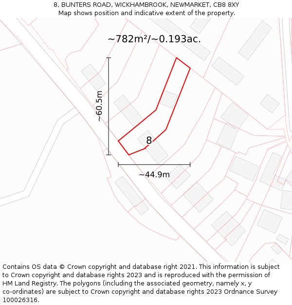 8, BUNTERS ROAD, WICKHAMBROOK, NEWMARKET, CB8 8XY: Plot and title map