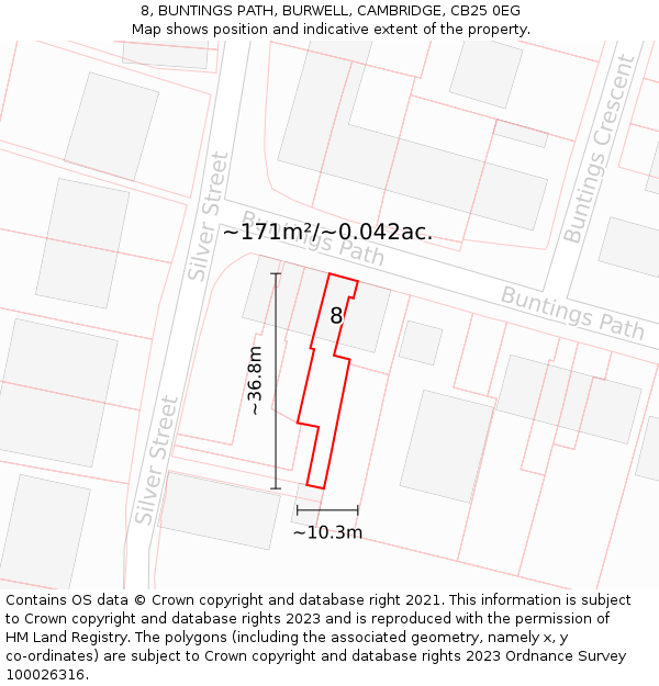 8, BUNTINGS PATH, BURWELL, CAMBRIDGE, CB25 0EG: Plot and title map