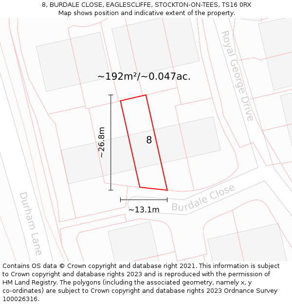 8, BURDALE CLOSE, EAGLESCLIFFE, STOCKTON-ON-TEES, TS16 0RX: Plot and title map