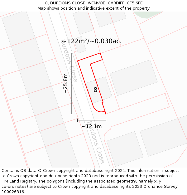 8, BURDONS CLOSE, WENVOE, CARDIFF, CF5 6FE: Plot and title map