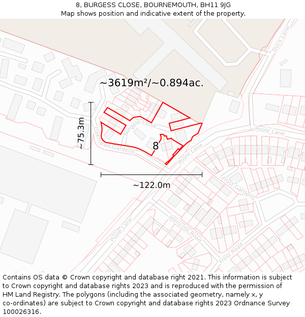 8, BURGESS CLOSE, BOURNEMOUTH, BH11 9JG: Plot and title map