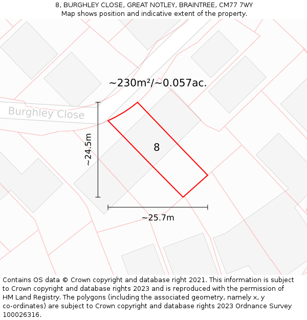 8, BURGHLEY CLOSE, GREAT NOTLEY, BRAINTREE, CM77 7WY: Plot and title map