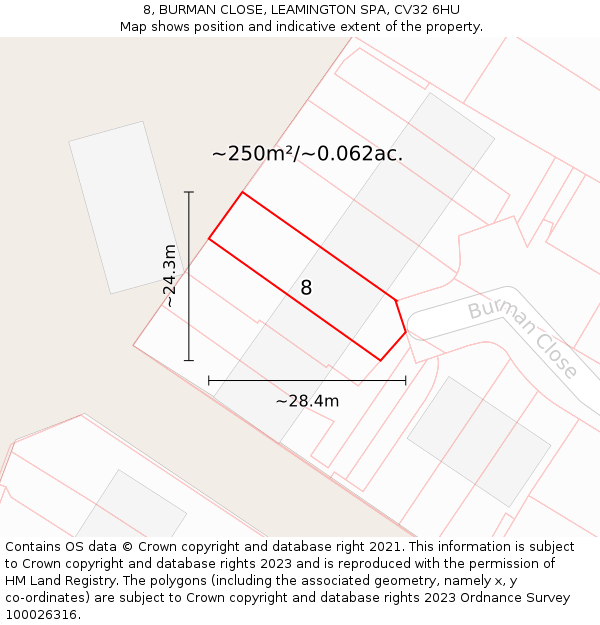 8, BURMAN CLOSE, LEAMINGTON SPA, CV32 6HU: Plot and title map