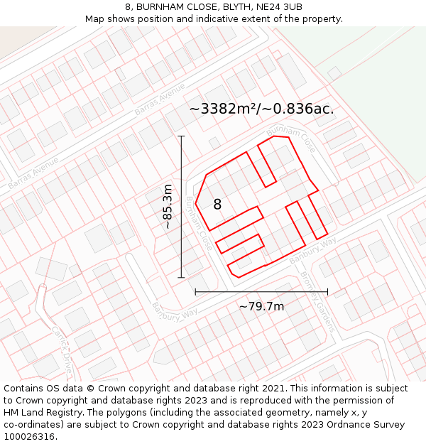 8, BURNHAM CLOSE, BLYTH, NE24 3UB: Plot and title map
