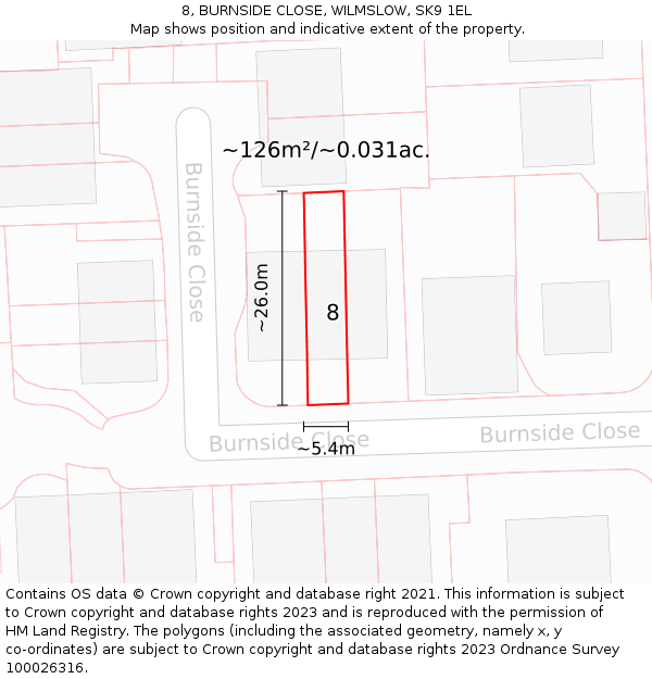 8, BURNSIDE CLOSE, WILMSLOW, SK9 1EL: Plot and title map