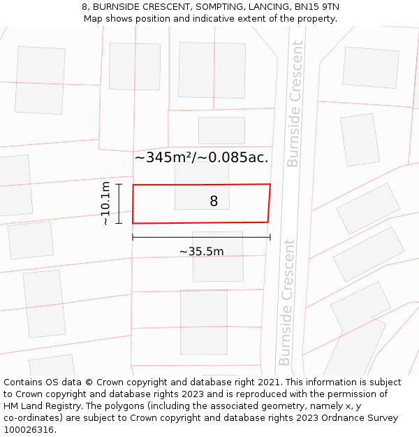 8, BURNSIDE CRESCENT, SOMPTING, LANCING, BN15 9TN: Plot and title map