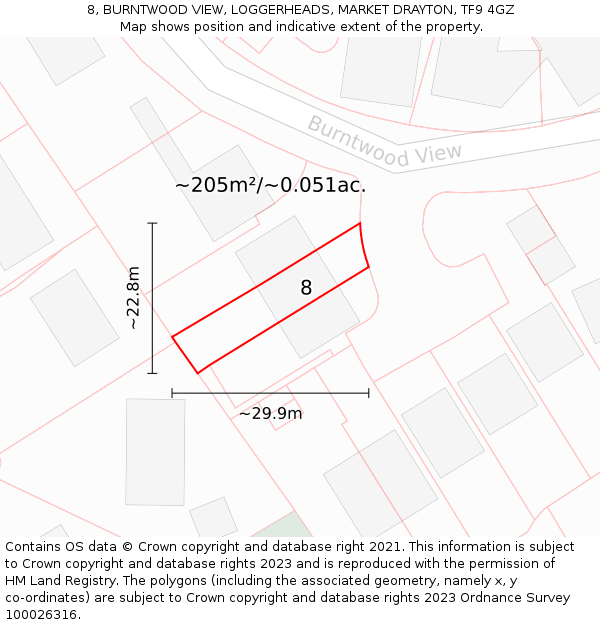 8, BURNTWOOD VIEW, LOGGERHEADS, MARKET DRAYTON, TF9 4GZ: Plot and title map