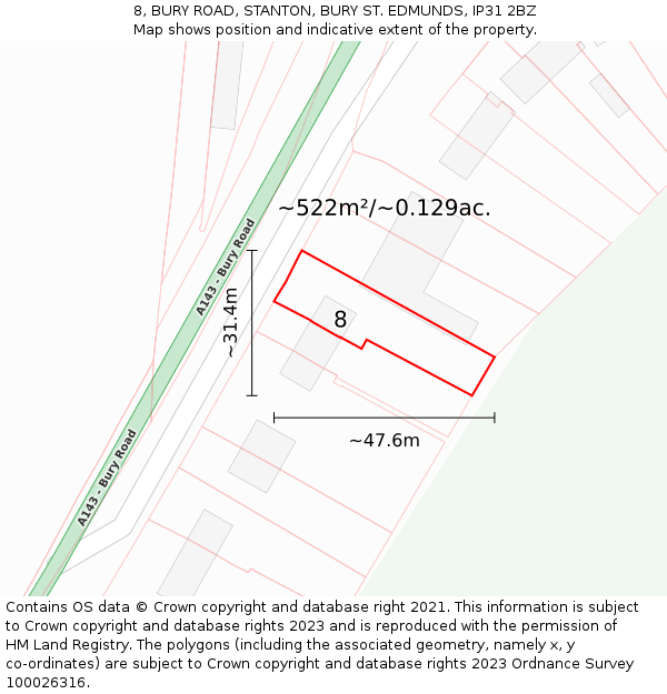 8, BURY ROAD, STANTON, BURY ST. EDMUNDS, IP31 2BZ: Plot and title map