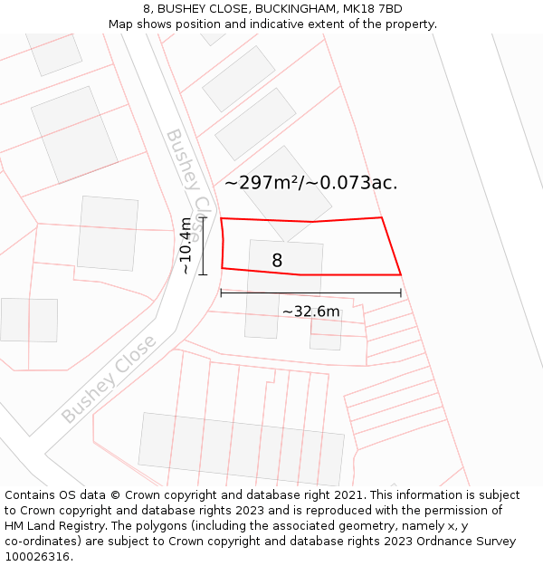 8, BUSHEY CLOSE, BUCKINGHAM, MK18 7BD: Plot and title map
