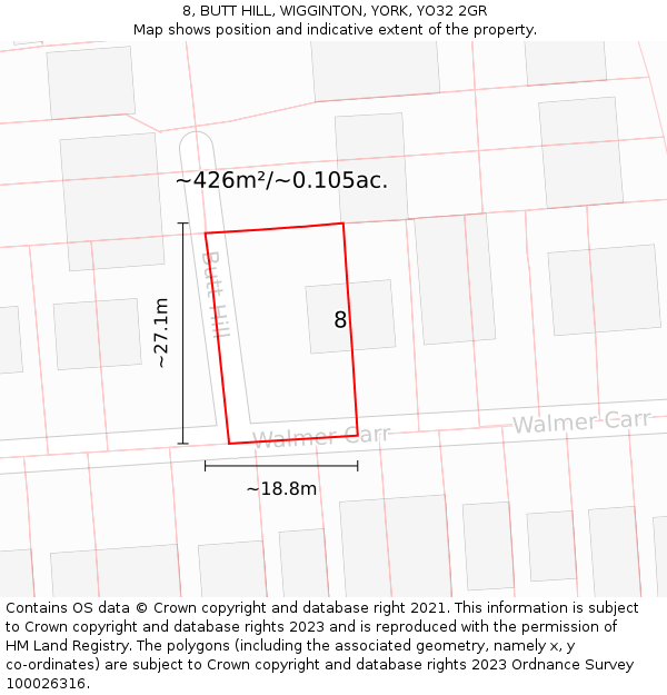 8, BUTT HILL, WIGGINTON, YORK, YO32 2GR: Plot and title map