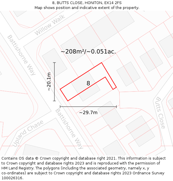 8, BUTTS CLOSE, HONITON, EX14 2FS: Plot and title map