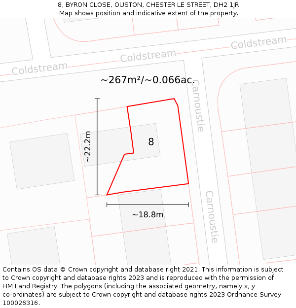 8, BYRON CLOSE, OUSTON, CHESTER LE STREET, DH2 1JR: Plot and title map