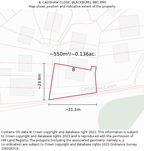 8, CADSHAW CLOSE, BLACKBURN, BB1 8RN: Plot and title map