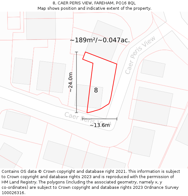 8, CAER PERIS VIEW, FAREHAM, PO16 8QL: Plot and title map
