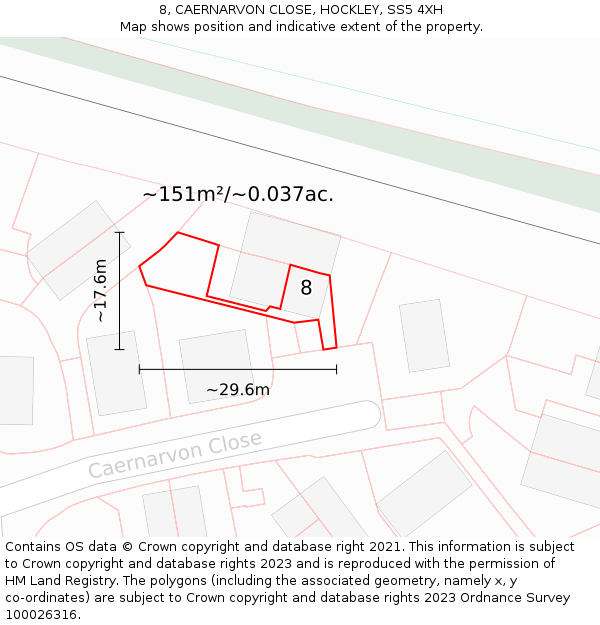 8, CAERNARVON CLOSE, HOCKLEY, SS5 4XH: Plot and title map