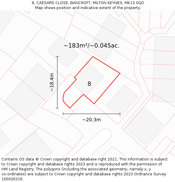 8, CAESARS CLOSE, BANCROFT, MILTON KEYNES, MK13 0QD: Plot and title map