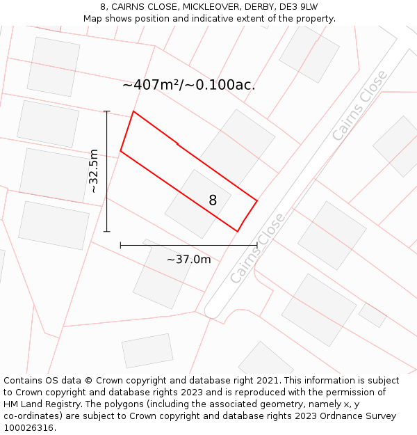 8, CAIRNS CLOSE, MICKLEOVER, DERBY, DE3 9LW: Plot and title map