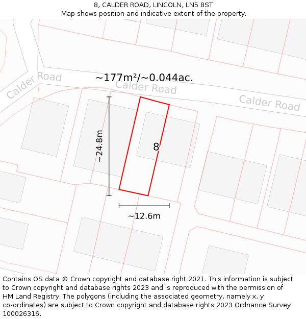 8, CALDER ROAD, LINCOLN, LN5 8ST: Plot and title map