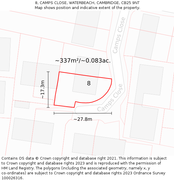 8, CAMPS CLOSE, WATERBEACH, CAMBRIDGE, CB25 9NT: Plot and title map